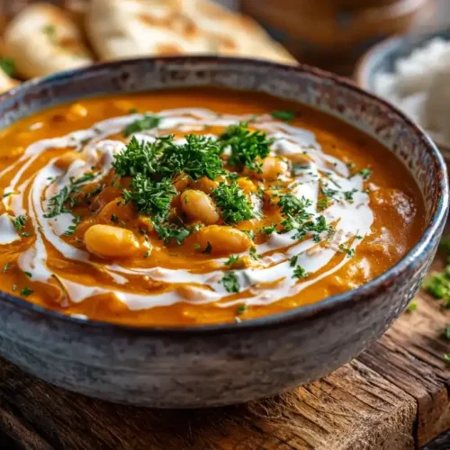 Weiße-Bohnen-Curry mit Spinat und Joghurt serviert