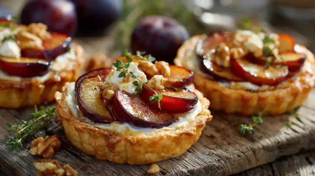 Ziegenkäse-Pflaumen-Tartelettes auf rustikalem Holzbrett serviert