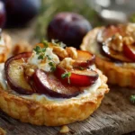 Ziegenkäse-Pflaumen-Tartelettes auf rustikalem Holzbrett serviert
