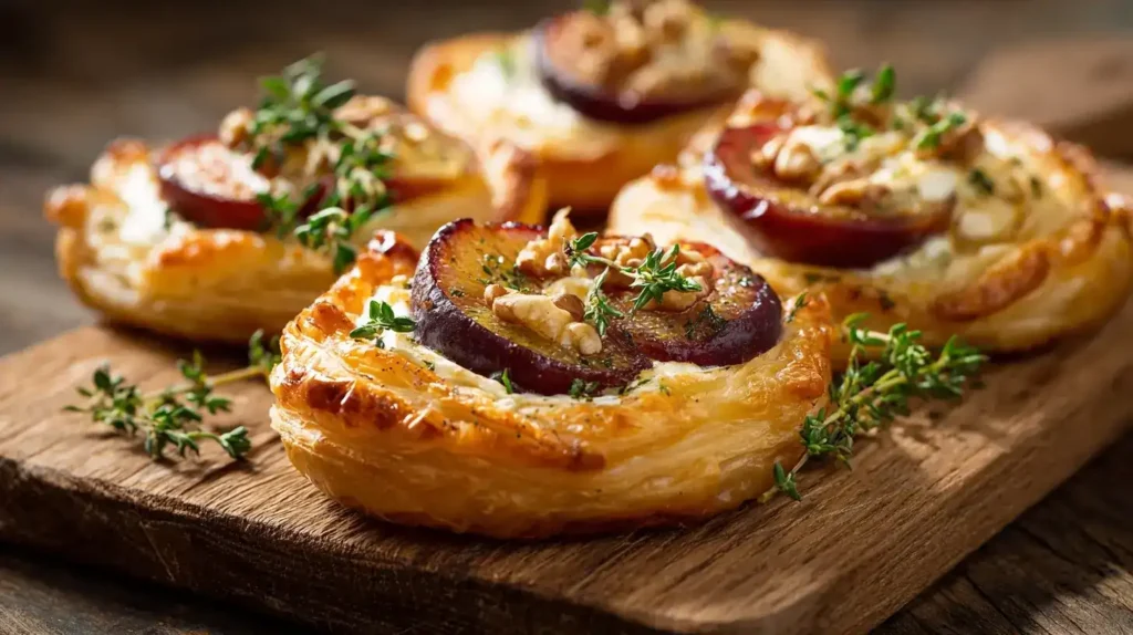 Nahaufnahme von knusprigen Ziegenkäse-Pflaumen-Tartelettes mit Walnüssen und Thymian