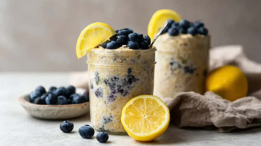 Cremige Zitronen-Blaubeer Overnight Oats auf rustikalem Holztisch, perfektes Frühstück