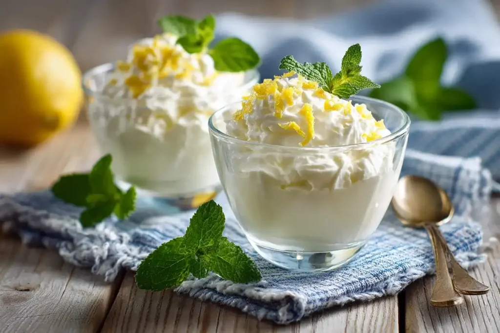 Zitronenquark Dessert im Glas mit Zitronenzeste und Minze