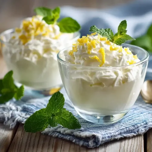 Zitronenquark Dessert im Glas mit Zitronenzeste und Minze