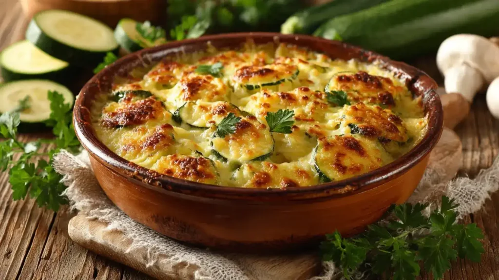 Zucchini-Auflauf frisch gebacken mit goldbrauner Parmesankruste