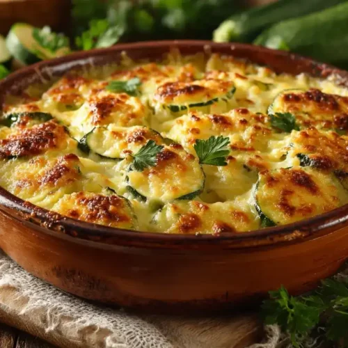 Zucchini-Auflauf frisch gebacken mit goldbrauner Parmesankruste