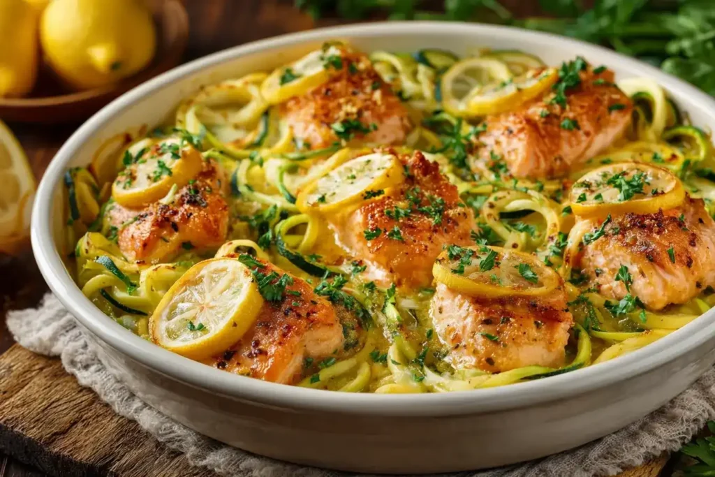 Zucchini-Auflauf mit Lachs in der Auflaufform, frisch aus dem Ofen mit Parmesan und Zitronenscheiben
