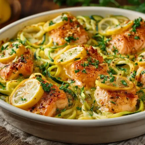 Zucchini-Auflauf mit Lachs in der Auflaufform, frisch aus dem Ofen mit Parmesan und Zitronenscheiben