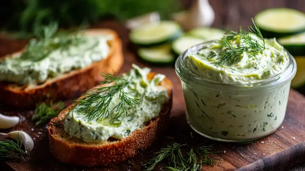 Cremiger Zucchini-Aufstrich mit Avocado und Frischkäse auf frischem Brot