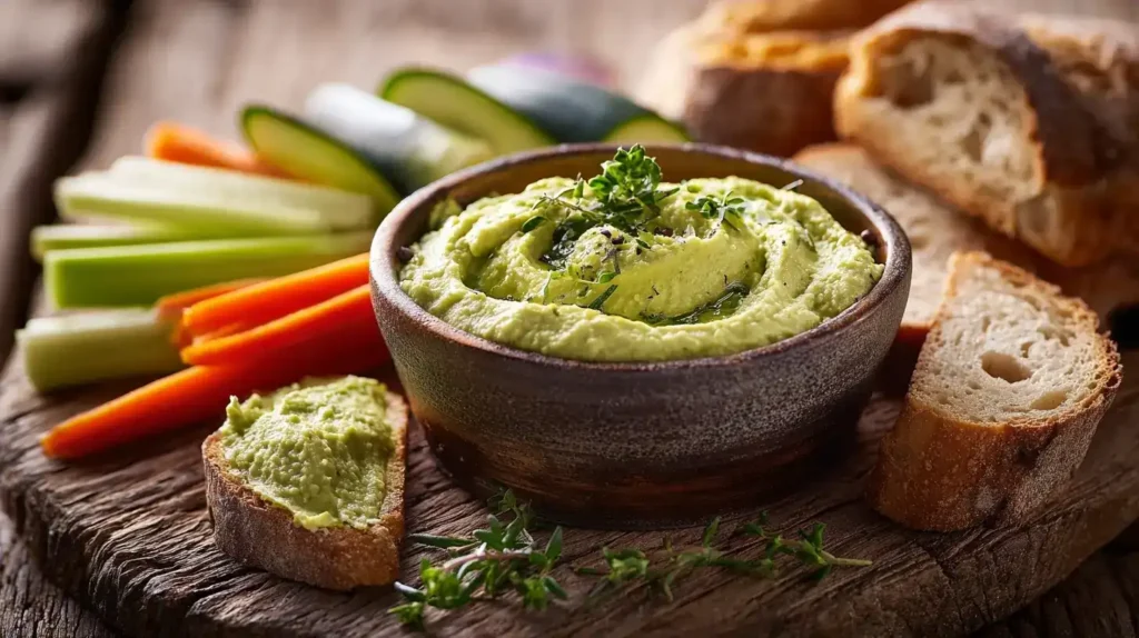 Zucchini-Aufstrich als Dip mit Gemüsesticks und Kräutern serviert