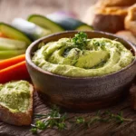 Zucchini-Aufstrich als Dip mit Gemüsesticks und Kräutern serviert