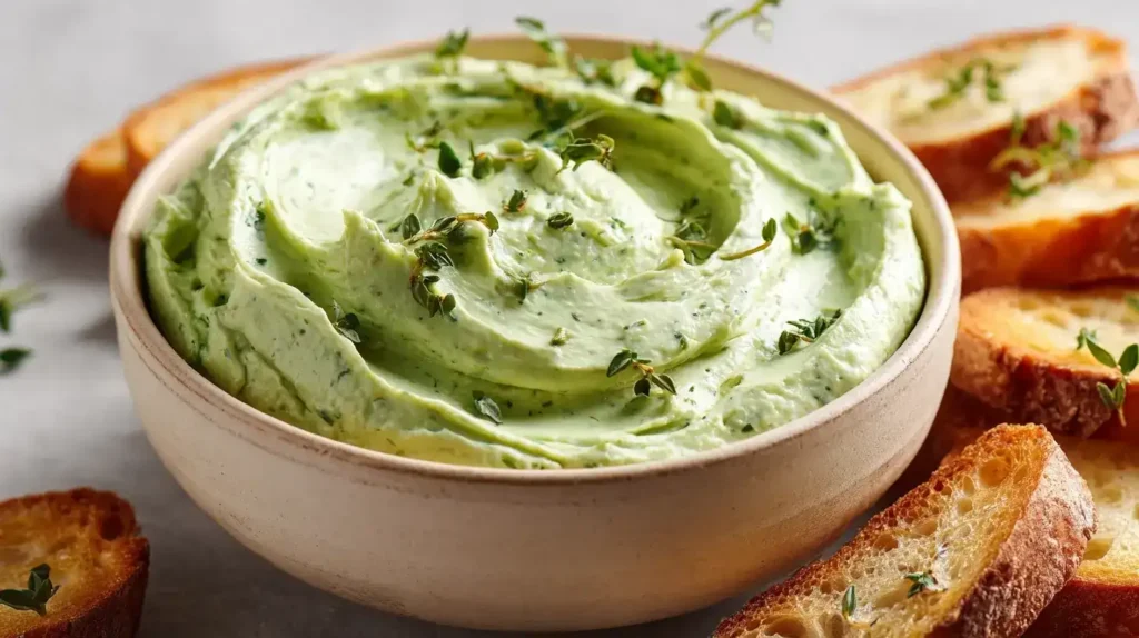 Cremiger Zucchini-Avocado-Aufstrich auf frischem Brot, serviert mit Kräutern