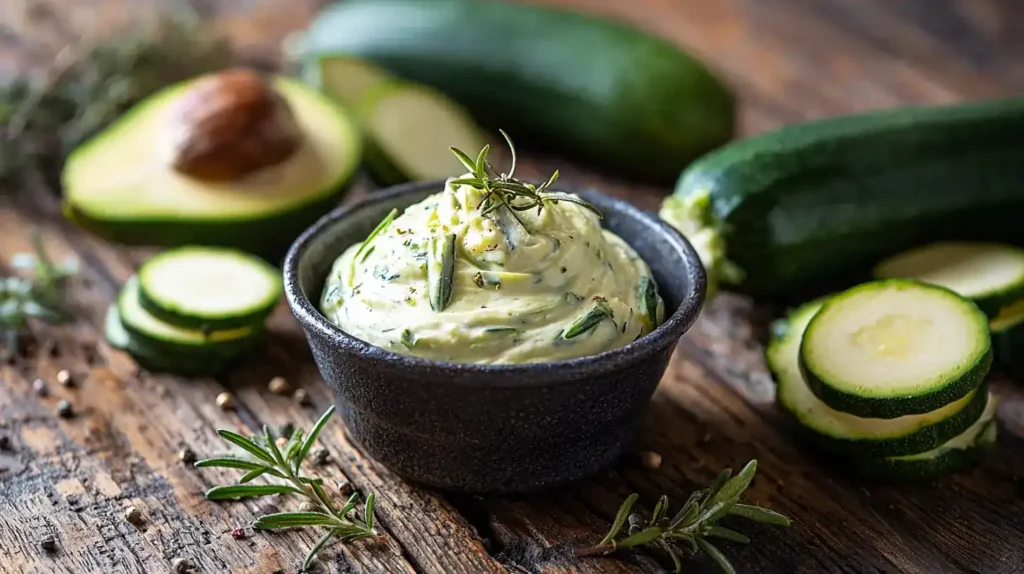 Zucchini-Avocado-Aufstrich als Dip mit Gemüse und Cracker, gesund und bunt