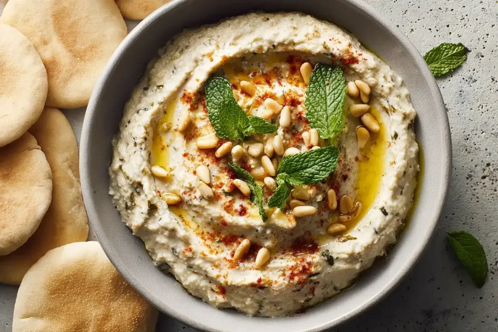 Zucchini Baba Ganoush Dip mit gerösteten Pinienkernen, Harissa und frischer Minze