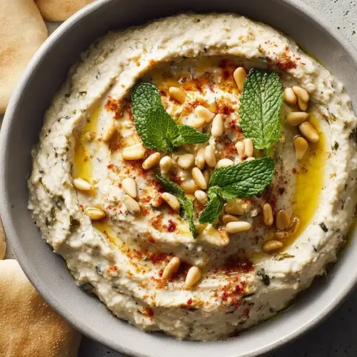 Zucchini Baba Ganoush Dip mit gerösteten Pinienkernen, Harissa und frischer Minze