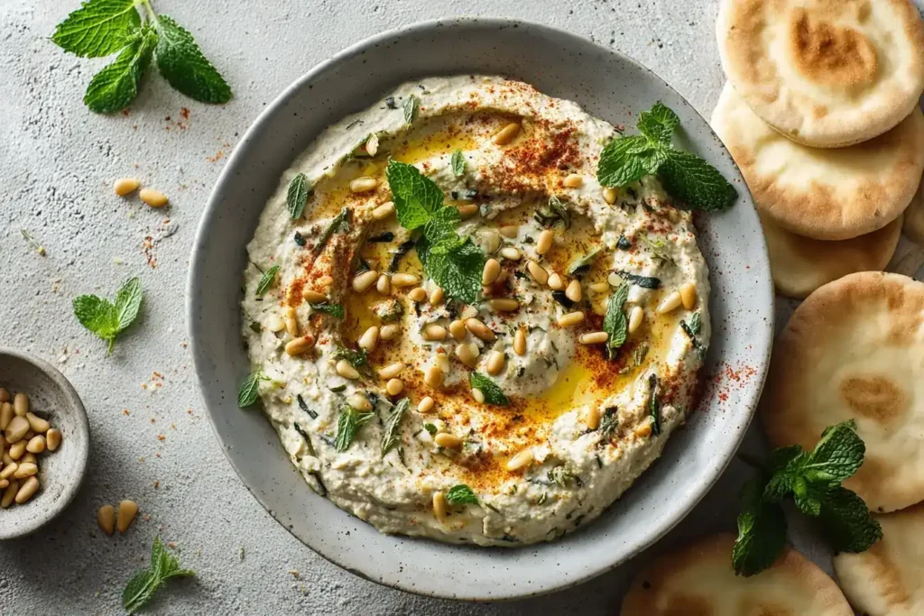 Zucchini Baba Ganoush serviert mit Fladenbrot und Gemüsesticks auf rustikalem Teller