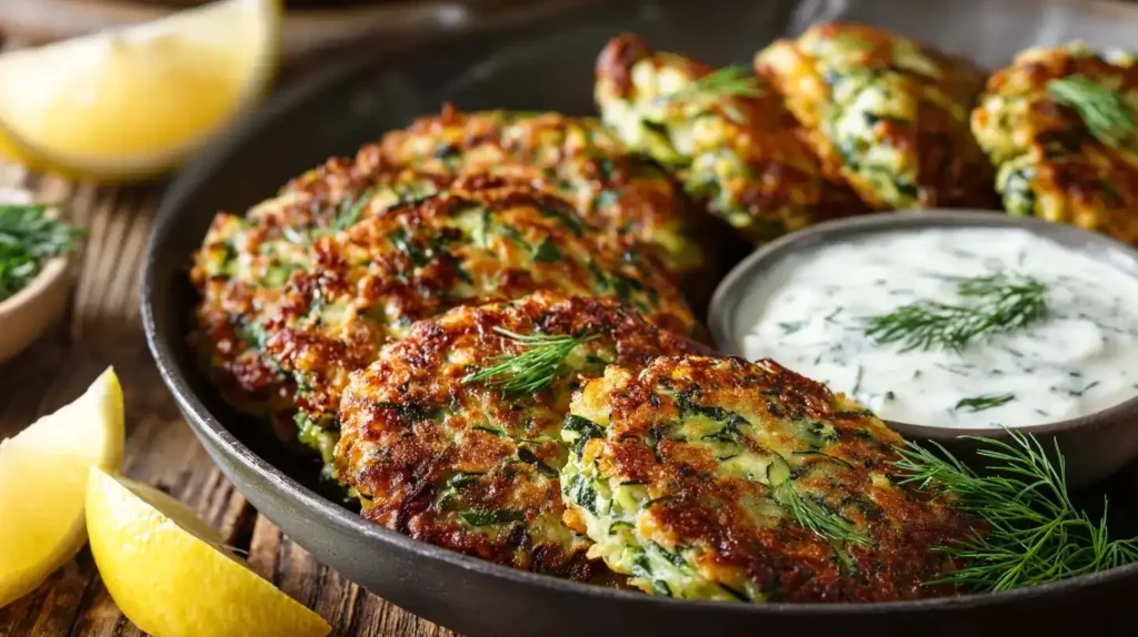 Knusprige Zucchini-Dill-Bratlinge frisch aus der Pfanne mit Dill-Joghurt-Creme