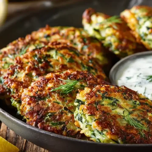 Knusprige Zucchini-Dill-Bratlinge frisch aus der Pfanne mit Dill-Joghurt-Creme