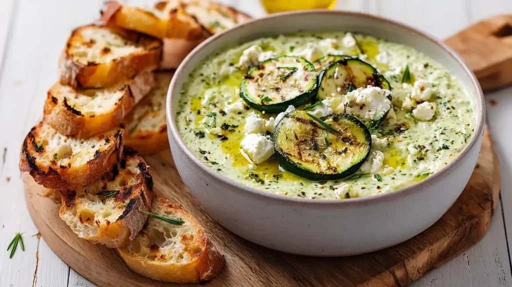 Frischer Zucchini-Feta-Aufstrich in weißer Schale mit Petersilie und Minze auf Holzuntergrund