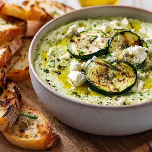 Frischer Zucchini-Feta-Aufstrich in weißer Schale mit Petersilie und Minze auf Holzuntergrund