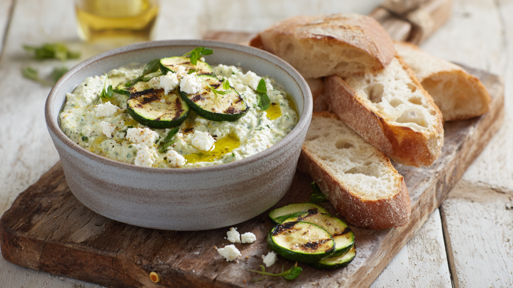 Cremiger Zucchini-Feta-Aufstrich auf rustikalem Vollkornbrot mit frischen Kräutern dekoriert