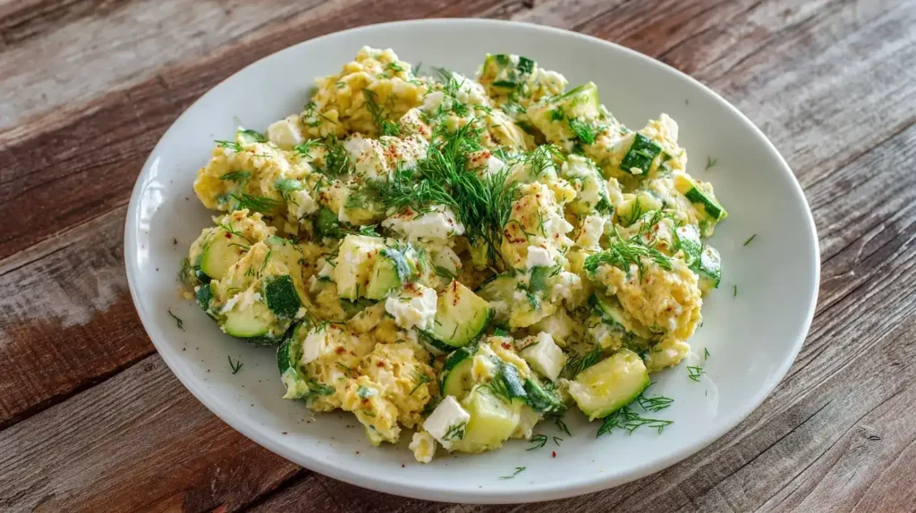 Frisches Zucchini-Feta-Rührei auf weißem Teller mit frischem Dill