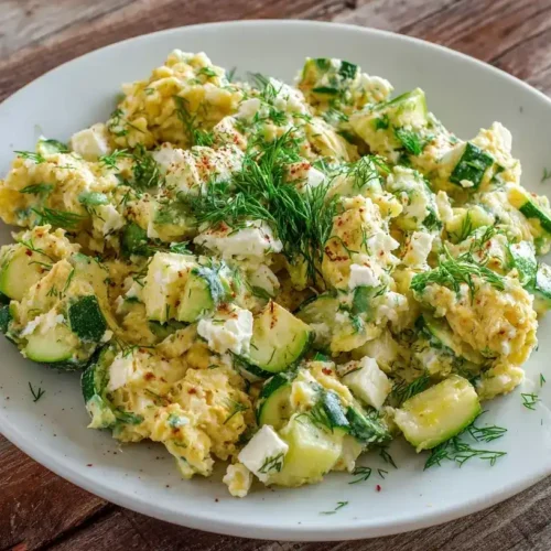 Frisches Zucchini-Feta-Rührei auf weißem Teller mit frischem Dill