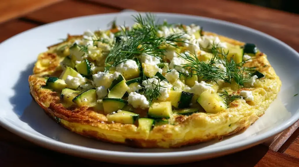 Zucchini-Feta-Rührei in der Pfanne mit goldbraunen Eiern und Zucchiniwürfeln