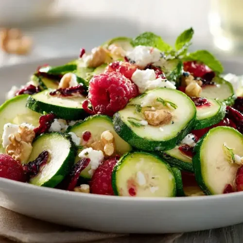 Zucchini-Gurken-Salat mit Himbeeren, Feta, Walnüssen und frischer Minze auf weißem Teller
