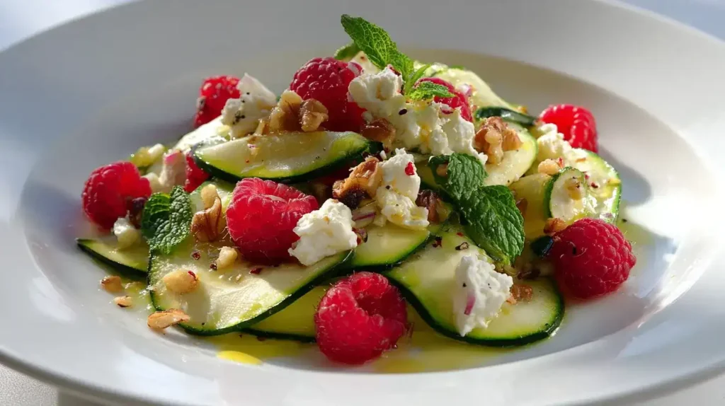 Leichter Sommer-Salat mit Zucchini, Gurke, Himbeeren, Walnüssen und Zitronen-Olivenöl-Dressing