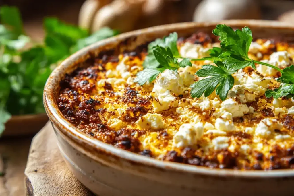 Zucchini-Hack-Reisauflauf frisch gebacken in der Auflaufform mit goldbraunem Feta und Petersilie