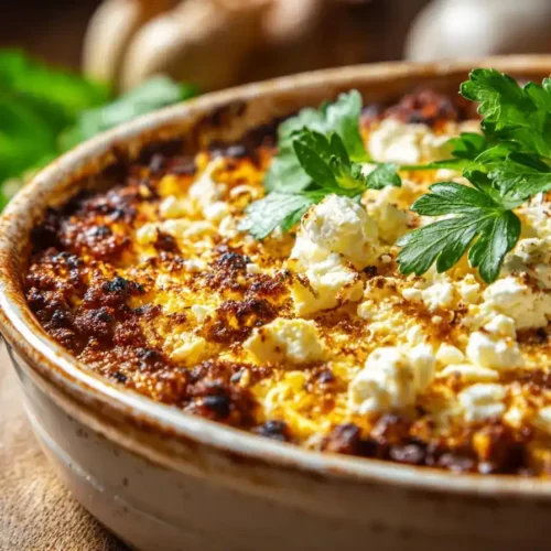 Zucchini-Hack-Reisauflauf frisch gebacken in der Auflaufform mit goldbraunem Feta und Petersilie