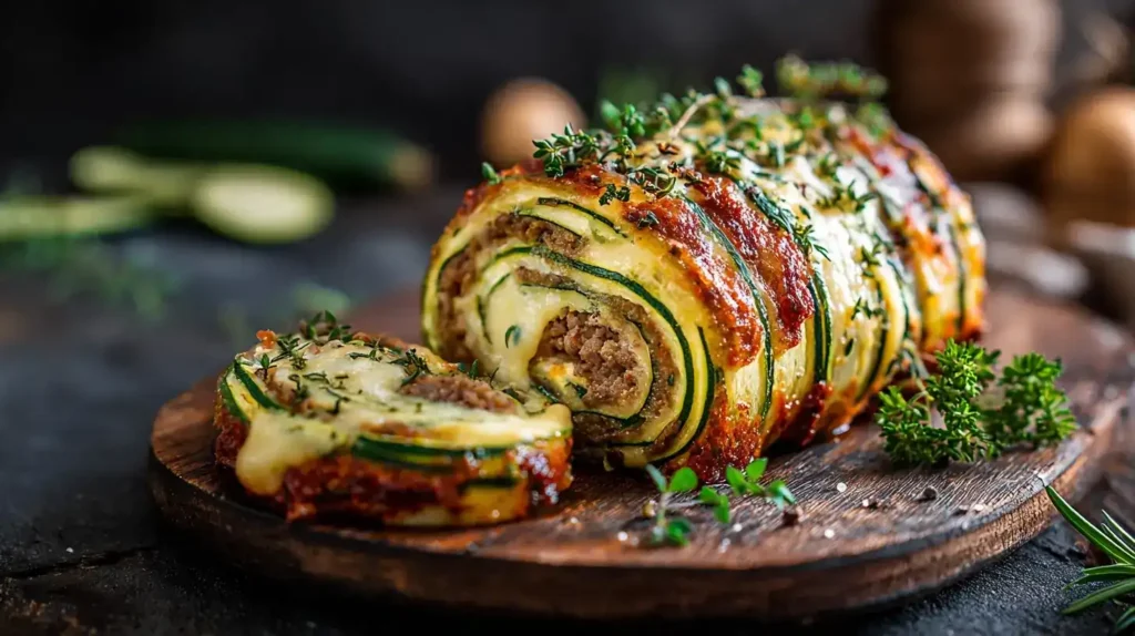 Servierte Zucchini-Hackfleisch-Rolle mit Cheddar und frischen Kräutern, familienfreundliches Abendessen