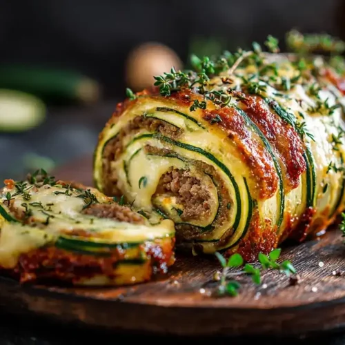Servierte Zucchini-Hackfleisch-Rolle mit Cheddar und frischen Kräutern, familienfreundliches Abendessen