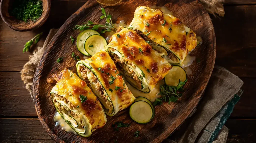 Aufgeschnittene Zucchini-Hackfleisch-Rolle mit geschmolzenem Cheddar auf einem Holzbrett