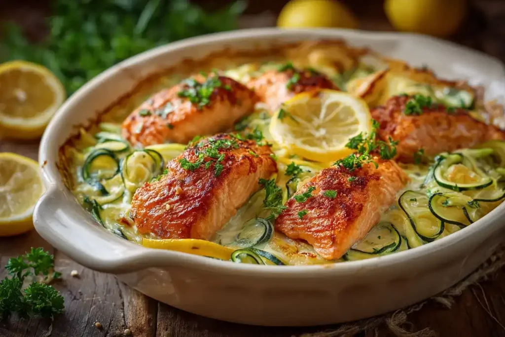 Servierter Zucchini-Auflauf mit Lachs, garniert mit frischer Petersilie und Zitronenscheiben auf einem Teller