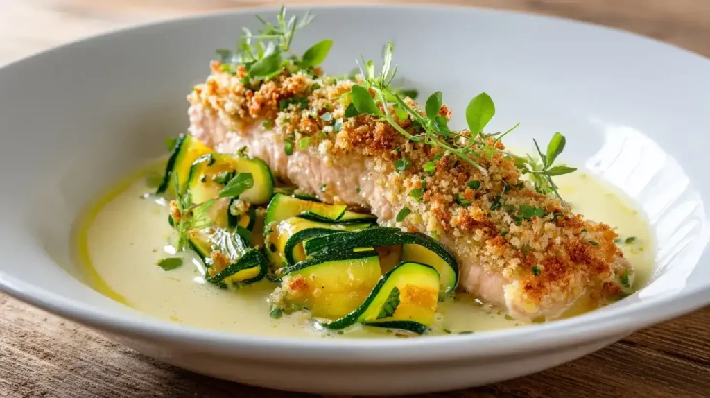 Schnelle Zucchini-Lachs-Pfanne serviert mit Reis und frischen Kräutern