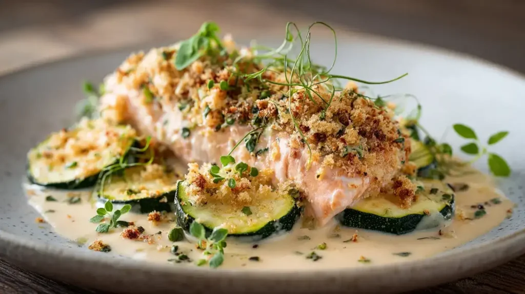 Zucchini-Lachs-Pfanne Zucchini-Lachs-Pfanne mit cremiger Zitronensauce und Panko-Topping