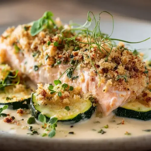 Zucchini-Lachs-Pfanne mit cremiger Zitronensauce und Panko-Topping