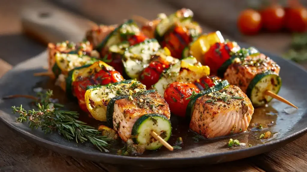 Familienfreundliche Zucchini-Lachs-Spieße auf Holzspießen, serviert mit frischen Kräutern
