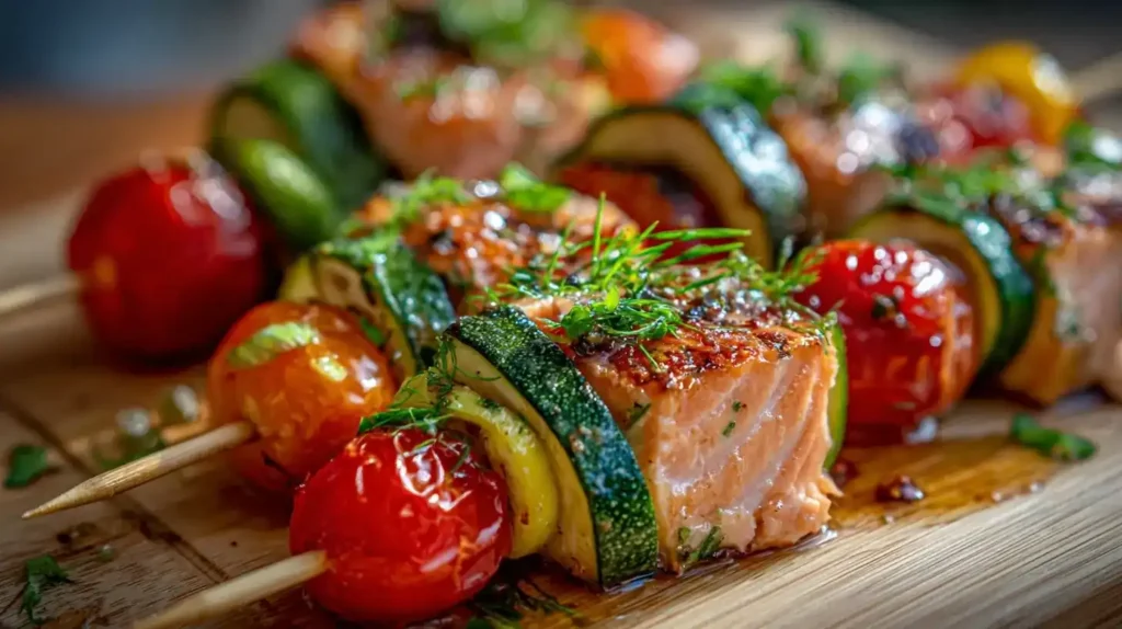 Gegrillte Zucchini-Lachs-Spieße mit Cherrytomaten und Honig-Zitronen-Marinade