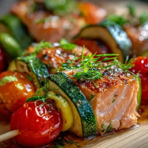 Gegrillte Zucchini-Lachs-Spieße mit Cherrytomaten und Honig-Zitronen-Marinade
