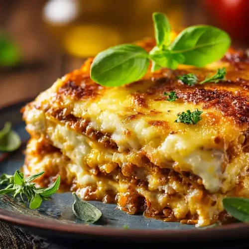 Gebackene Zucchini-Lasagne mit roten Linsen und goldbraunem Cheddar, serviert auf rustikalem Tisch
