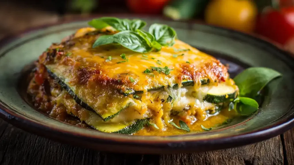 Ein Stück Zucchini-Lasagne mit Linsen auf Teller, cremige Schichten sichtbar, frisches Basilikum als Garnitur