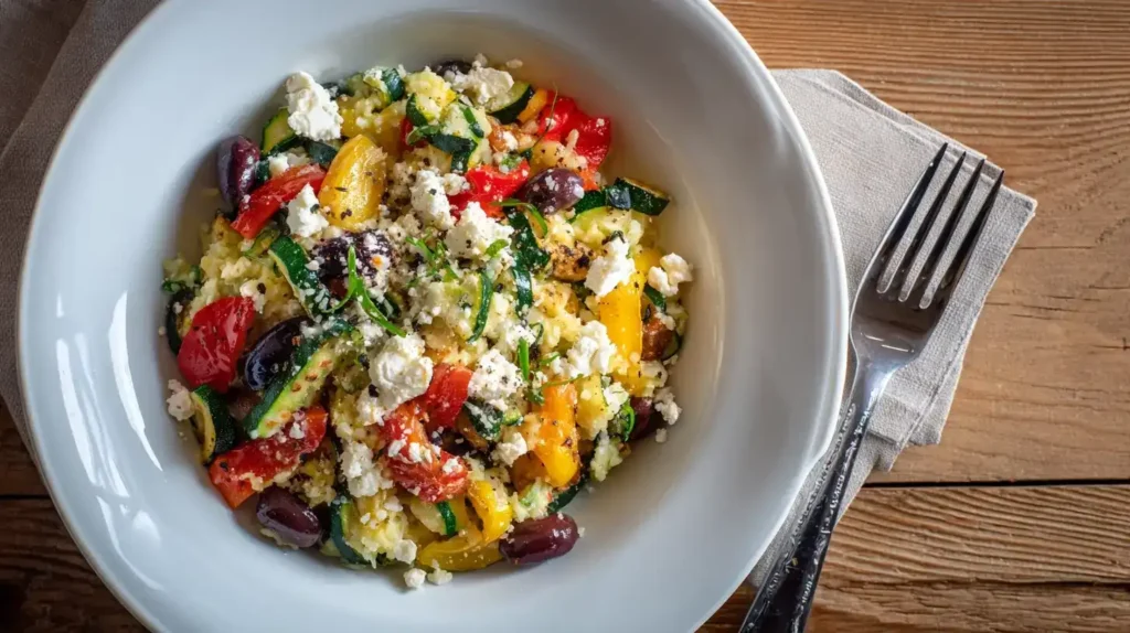 Zubereitung von Zucchini-Reis mit Paprika, Feta und Oliven in einer Pfanne, frische Zutaten, gesunde Küche