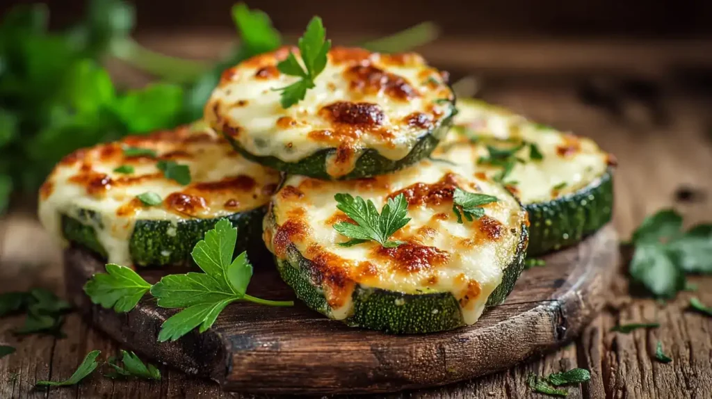 Low-Carb Zucchini-Pizza-Bites frisch gebacken auf rustikalem Holzbrett
