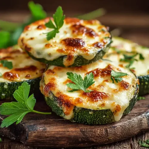 Low-Carb Zucchini-Pizza-Bites frisch gebacken auf rustikalem Holzbrett