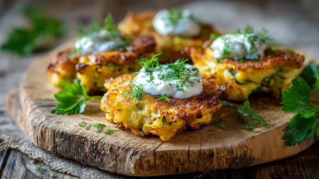 Goldbraune Zucchinipuffer mit frischer Petersilie und Joghurt-Dip, serviert auf einem rustikalen Teller