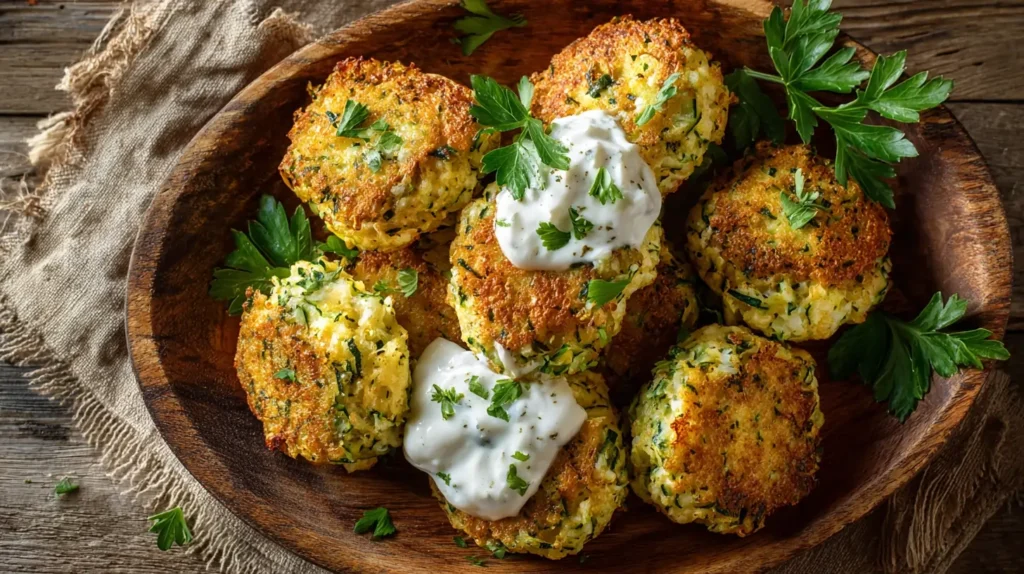 Knusprige Zucchinipuffer frisch aus der Pfanne, mit Kräutern bestreut, appetitlich angerichtet für Familie