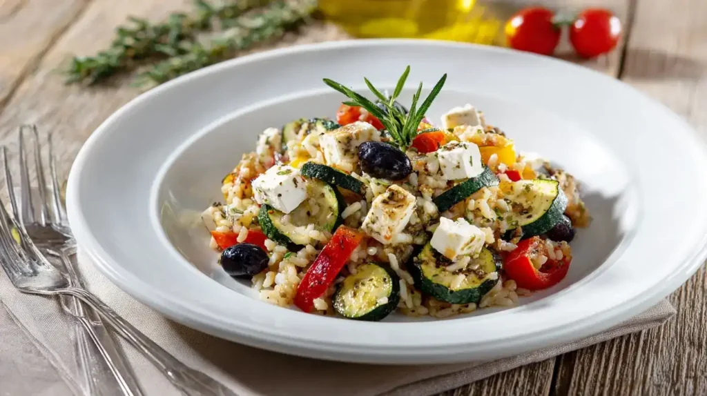 Zucchini-Reis mit Feta und Oliven auf weißem Teller, mediterranes Gericht, bunt und frisch