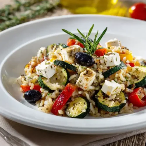 Zucchini-Reis mit Feta und Oliven auf weißem Teller, mediterranes Gericht, bunt und frisch